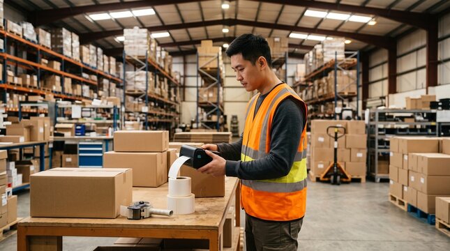 Warehouse employee printing shipping labels for package preparation
