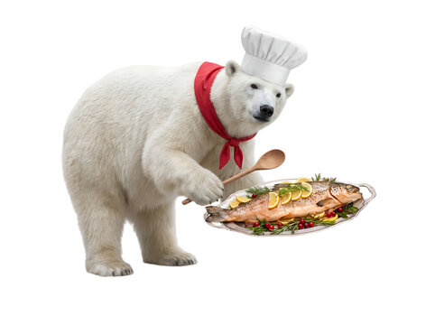 Polar bear wearing chef hat holding a fish platter transparent background