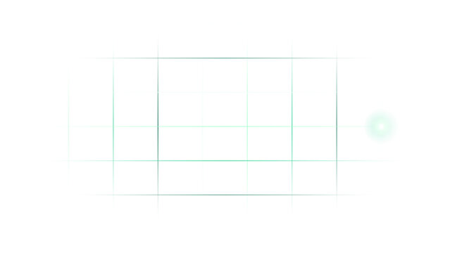 Green and white grid lines forming a rectangular frame with a glowing circular light effect on a black background, for digital interface