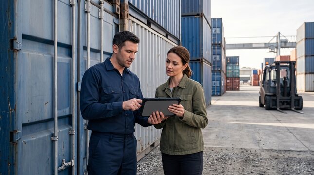 Business professionals collaborating in shipping container yard