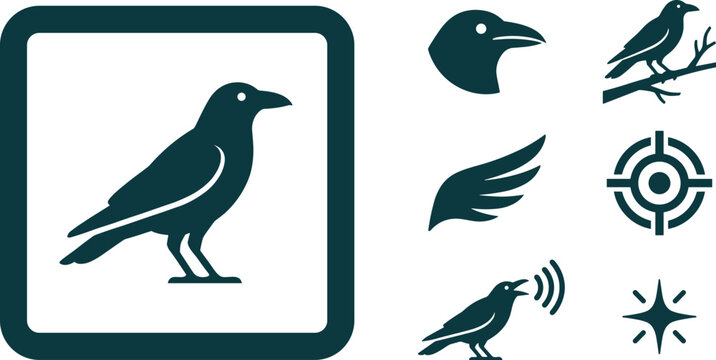 Set of crow icons, including a raven silhouette in a square frame, a bird on a branch, a wing, a target, and a cawing crow
