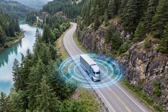 Autonomous semi truck driving on a scenic mountain highway with digital sensor radar rings with automated heavy duty truck travels along winding road beside river forest