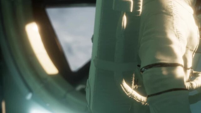 An astronaut stands near the entrance of a spacecraft. The environment is filled with artificial light. The astronaut is dressed in a white suit and appears ready for an upcoming mission.