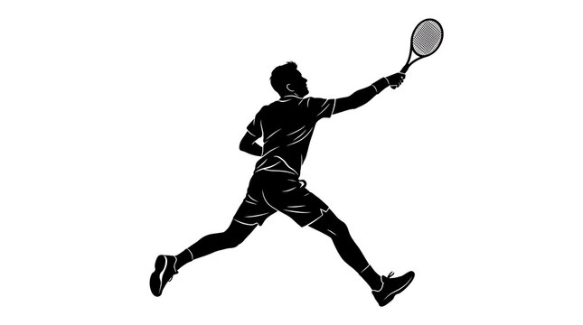 Male tennis player mid-jump reaching for ball with racket during match competition