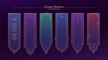 Vertical fantasy flags and long banners set with golden thin line frames for mobile RPG game user interface UI UX vector asset with elegant magic menus on purple cosmic space background © Red Monkey
