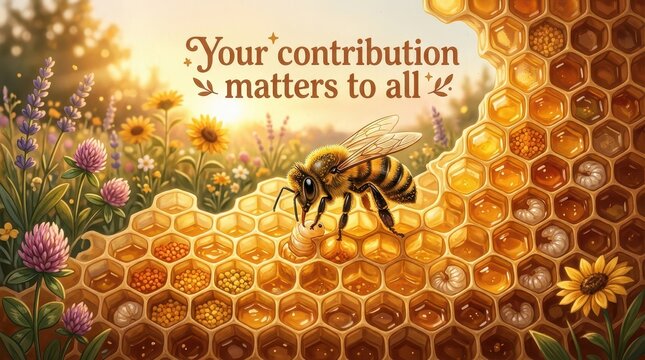 Close-up of a honey bee on honeycomb with wildflowers and sunrise, emphasizing the importance of contribution