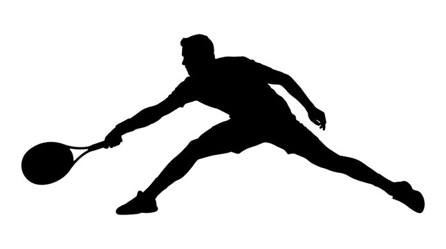 Male tennis player silhouette in dynamic motion during a match on a bright court