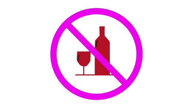Vector video  of a prohibition sign on which a crossed-out bottle of alcohol appears, it is forbidden to drink alcohol 4K video animation.