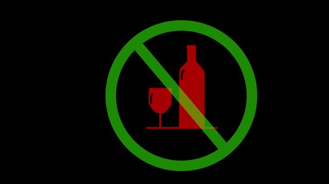 Vector video  of a prohibition sign on which a crossed-out bottle of alcohol appears, it is forbidden to drink alcohol 4K video animation.