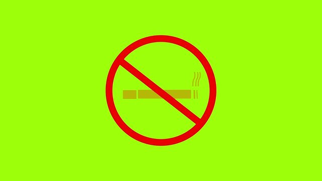 no smoking sign loop with cigarette and animated smoke, with red prohibition sign. 4K video animation on green screen background. 