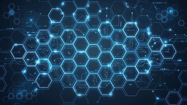 Abstract Blue Hexagonal Network Grid with Glowing Connections and Data Flow