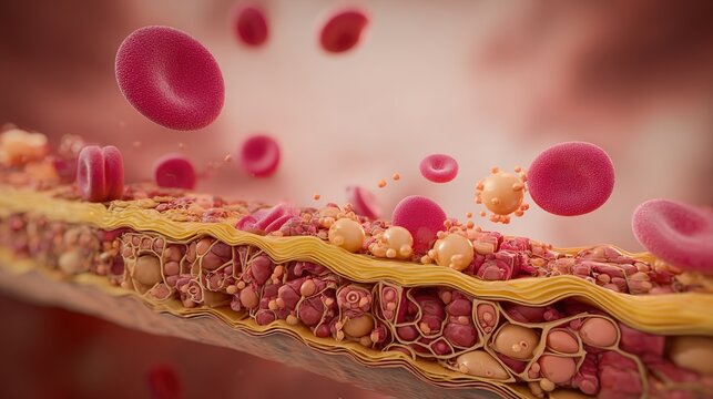 Atherosclerosis Medical Illustration Showing Arterial Plaque Buildup, Cholesterol Deposits, Narrowed Blood Vessels, Restricted Blood Flow, Cardiovascular Disease Progression and Heart Health Concept