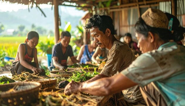 People working together in a rural setting, processing fresh produce.