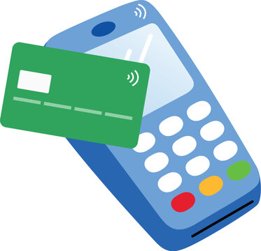 Hand drawn blue contactless card reader with credit card flat design, Wireless payment terminal with card illustration