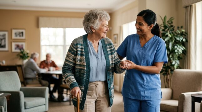 A nurse assisting an elderly woman in a retirement home.