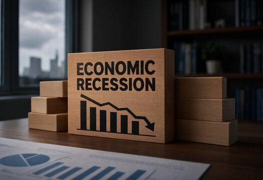 Economic recession concept illustrated with wooden blocks and graph transparent background