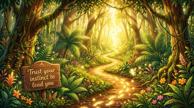Enchanting forest path bathed in golden sunlight, with a wooden sign saying 'Trust your instinct to lead you', mystical glowing lights and lush tropic