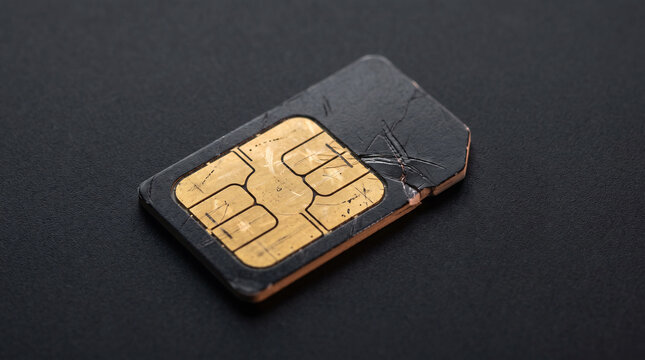 Damaged and scratched mobile phone SIM card lying on a dark surface, close-up macro view