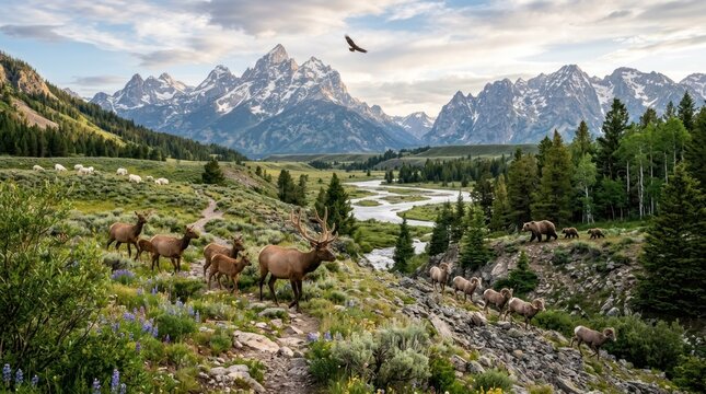 A herd of elk and bears in a mountainous landscape with a river and trees.