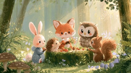 Fototapeta premium Adorable woodland characters enjoying a cozy, magical forest gathering