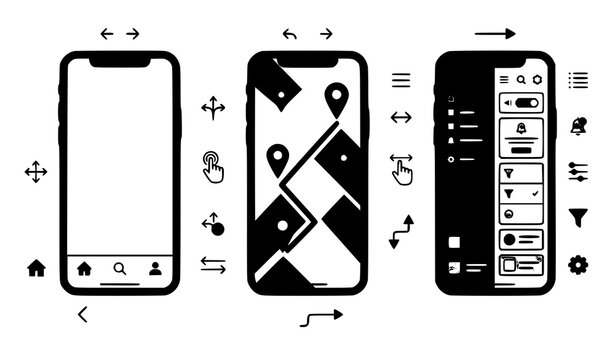 Mobile app navigation and user interface design wireframes showing map tracking and settings screens with application navigation interface wireframe tracking settings smartphone technology