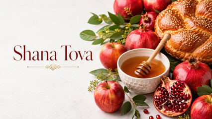 Naklejka premium Shana tova message beside festive bread with apples honey, pomegranate, rosh hashanah dinner invitation for jewish new year gatherings copy space