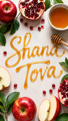 Naklejka premium Honey script shana tova framed by whole apples, pomegranate halves, rosh hashanah new year card with food lettering
