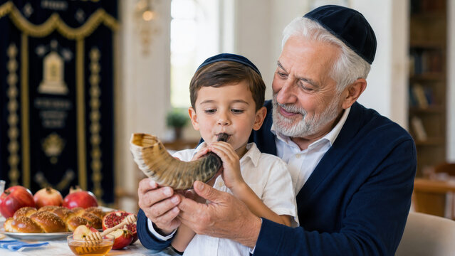 Grandson blowing shofar with guidance from grandfather, rosh hashanah ritual