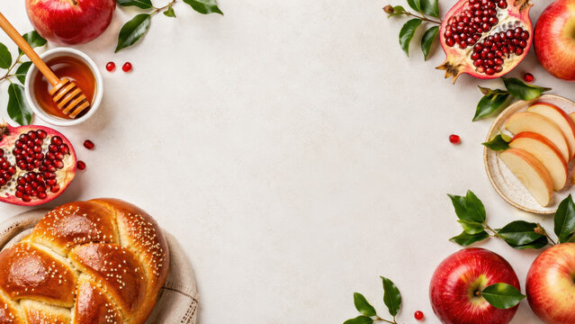 Round challah with apples honey, pomegranates around empty tabletop, rosh hashanah banquet frame with central copy space for a holiday menu