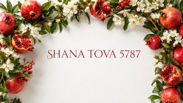 Pomegranate blossoms around shana tova 5787 message on cream background, rosh hashanah new year floral border with jewish holiday wishes copy space