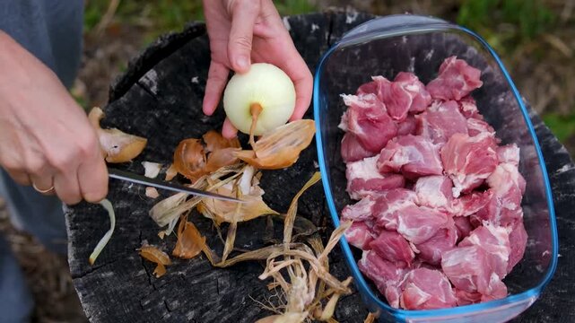 Step by step outdoor barbecue preparation shows pork cut into pieces, marinated with onion rings, spices and black pepper, threaded onto skewers and grilled over charcoal. Close up.