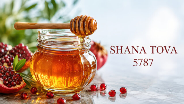 Honey jar beside pomegranates with shana tova 5787 wishes, rosh hashanah sweet jewish new year greeting