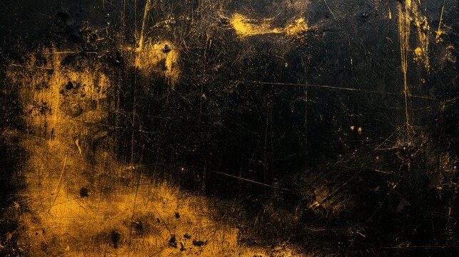 Close-up black and yellow grunge texture with dirt, scratches and paint drips