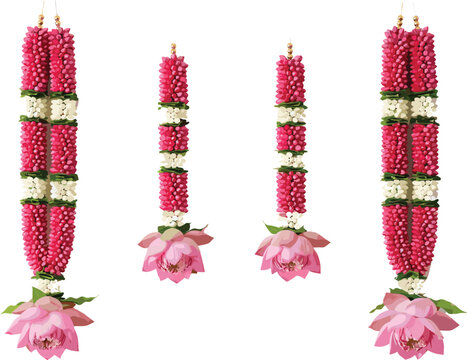 Traditional Indian floral garlands featuring pink lotus and jasmine flowers isolated on a white background