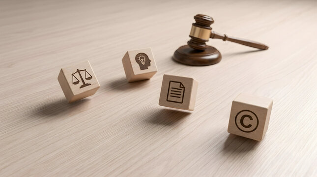 Wooden gavel and blocks representing the legal concept of intellectual property protection with copyright and justice icons on a desk.