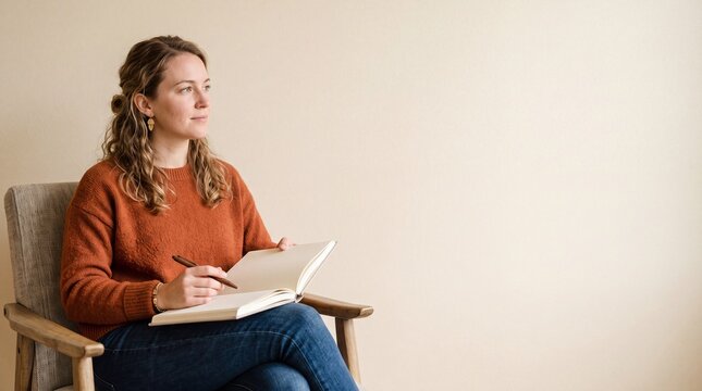 A young woman with wavy hair wearing a rust orange sweater and blue jeans sits in a wooden ad social media download thambnail poster web template event festival 2026 2027 2028