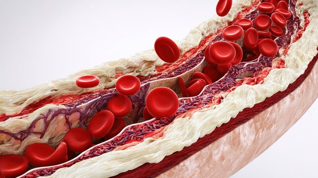 Atherosclerosis Medical Illustration Showing Arterial Plaque Buildup, Cholesterol Deposits, Narrowed Blood Vessels, Restricted Blood Flow, Cardiovascular Disease Progression and Heart Health Concept