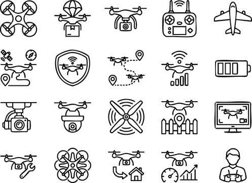 Modern drone technology and aerial photography doodle icons vector set
