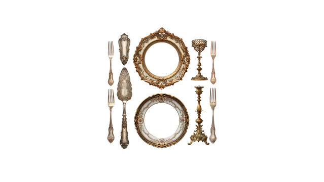 Set of vintage silverware and ornate golden plates isolated on transparent background