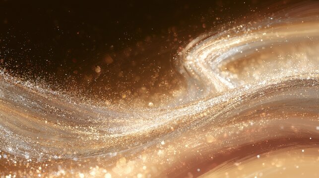 Abstract holiday glow: shimmering light ribbons and glittery background in gold and silver tones