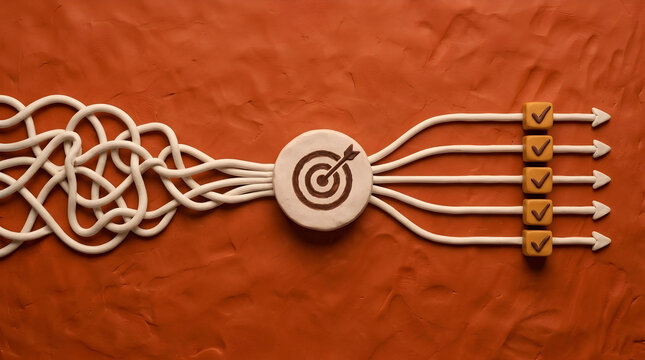 Claymation illustration representing organizing chaos into clear business goals and actionable plans