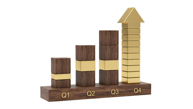 Quarterly financial growth bar chart with wooden blocks and gold accents isolated on a transparent background