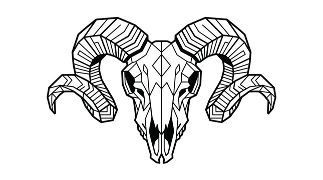 Geometric Ram Skull Vector Illustration with Curved Horns, Minimalist Black and White Line Art Mascot Design, Symmetrical Animal Bone Sketch for Logo, Tattoo, and T-shirt Print