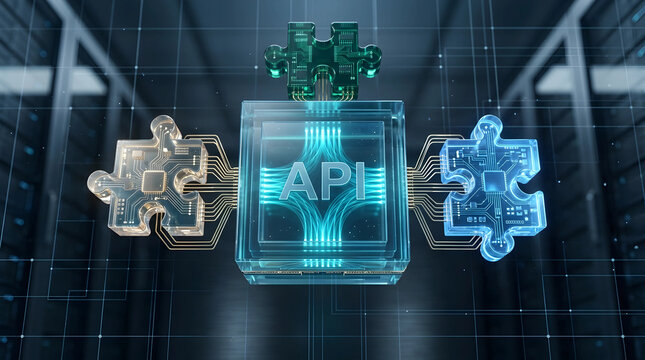 Application programming interface digital connection with glowing puzzle pieces in a datacenter server