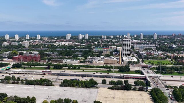 Aerial footage of cars driving on the street in Chicago Illinois USA