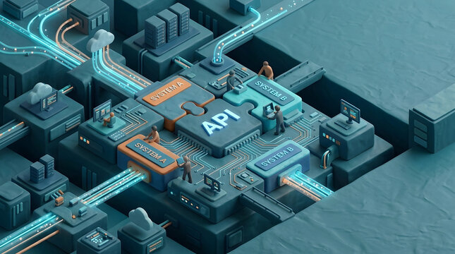 Application programming interface digital connection between diverse software modules in 3D isometric