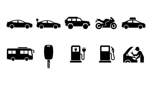 Automotive icons depicting electric cars motorcycles and repair services with charging stations