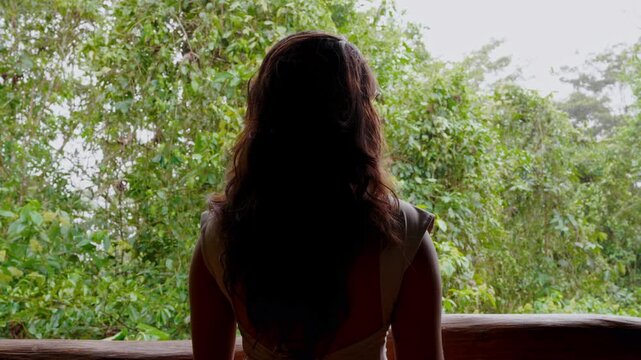 Silhouette contemplating nature from a balcony