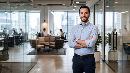 Fototapeta premium Portrait of a confident businessman standing in a modern open space office with arms crossed