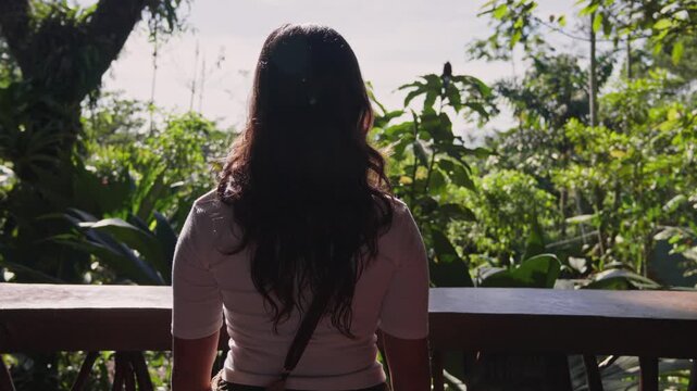 Tourist admiring lush green tropical jungle view